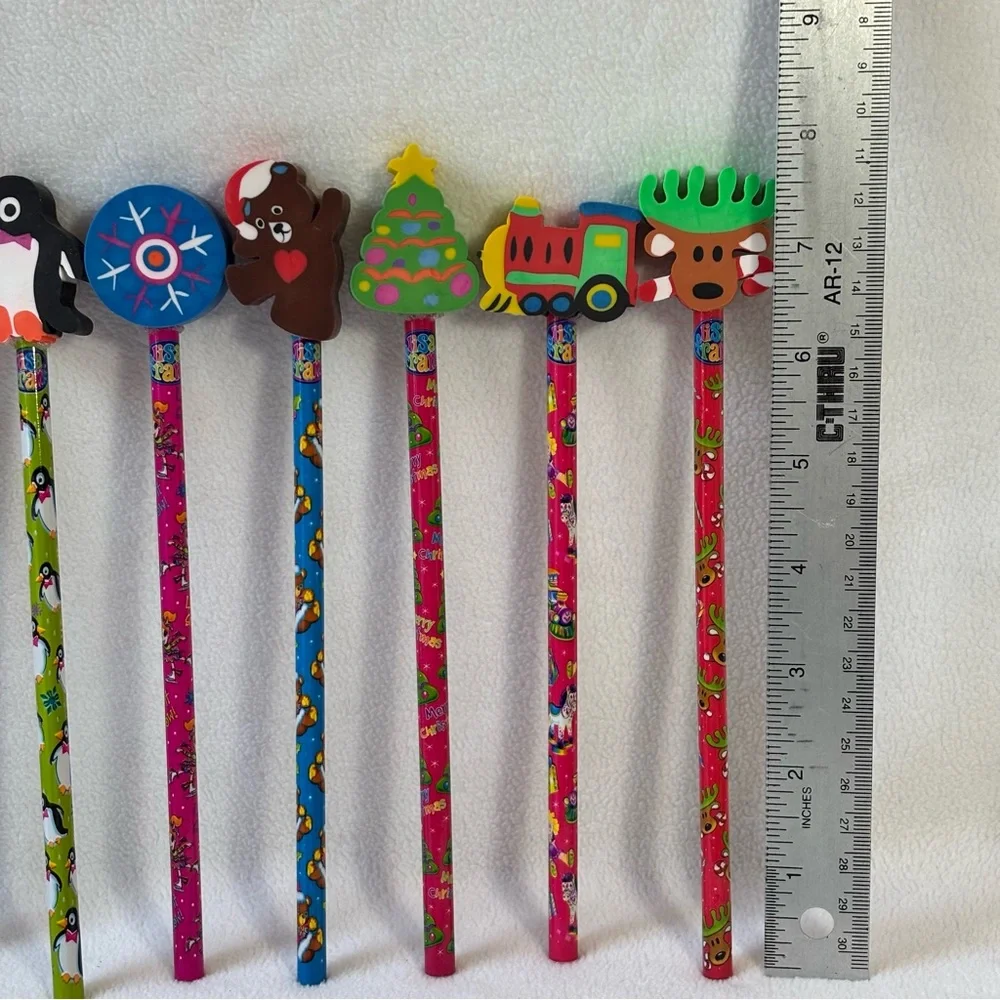 Rare Vintage New Lot of 13 Lisa Frank Holiday Pencils with fun eraser toppers